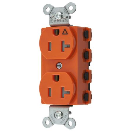 HUBBELL WIRING DEVICE-KELLEMS Straight Blade Devices, Receptacles, Duplex, SNAPConnect, Isolated Ground, Tamper Resistant, 20A 125V, 2-Pole 3-Wire Grounding, 5-20R, Orange SNAP5362IGTRA